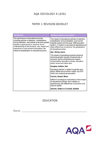AQA SOCIOLOGY ADVANCE INFO EDUCATION REVISION BOOKLET | Teaching Resources