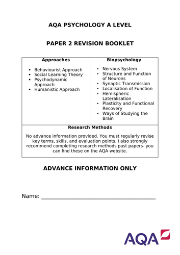 AQA PSYCHOLOGY ADVANCE INFO REVISION BOOKLET PAPER 2