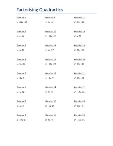 50 Quadratics to Factorise | Teaching Resources