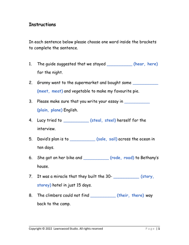 11+ Exam Verbal Reasoning – HOMOPHONES Exercise with Answers | Teaching ...