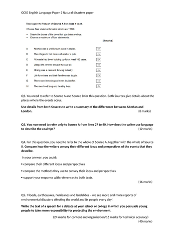 GCSE English Lang Paper 2 Natural Disasters Aberfan Reading and writing ...