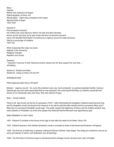 Alevel Tudor History Edward & Mary OCR | Teaching Resources
