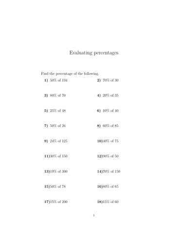 Evaluating percentages (non-calculator) worksheet no 2 (with solutions ...