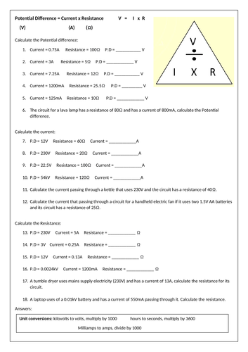 P.D = Current x Resistance (V = IR) Worksheet + Ans | Teaching Resources