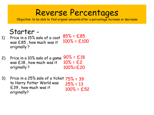 GCSE Maths Reverse Percentages Teaching Resources