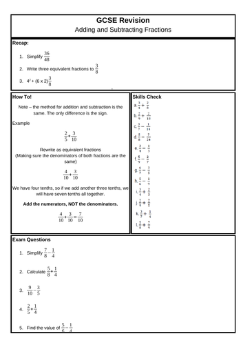 GCSE (F) - Fractional Operations - Add/Subtract | Teaching Resources