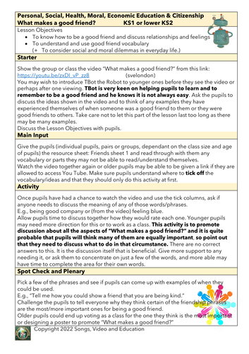 What makes a good friend worksheet song and video teaching resources