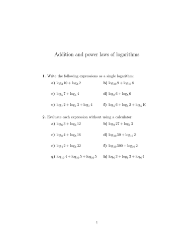 Addition and power laws of logarithms worksheet (with solutions ...