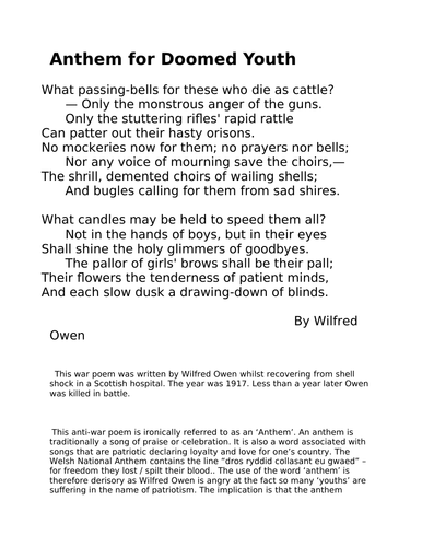 GCSE ENGLISH LITERATURE ANTHEM FOR DOOMED YOUTH war poetry | Teaching ...