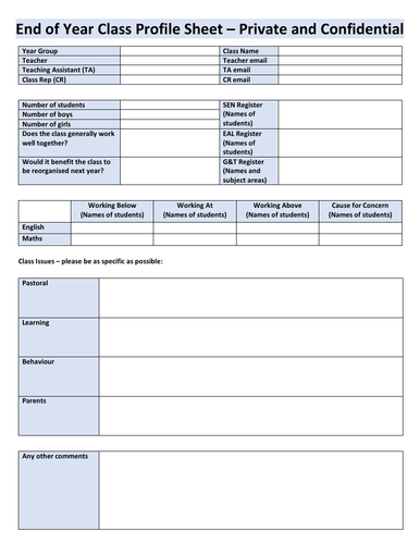 End of Year Class Profile Sheet