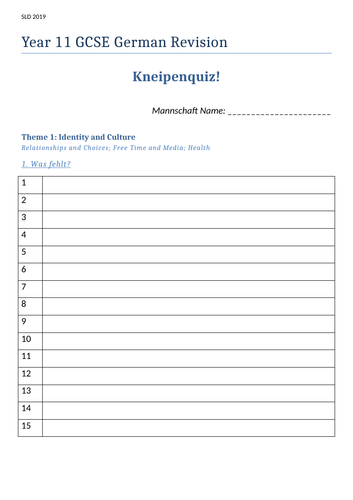 German GCSE Pub Quiz - REVISION | Teaching Resources