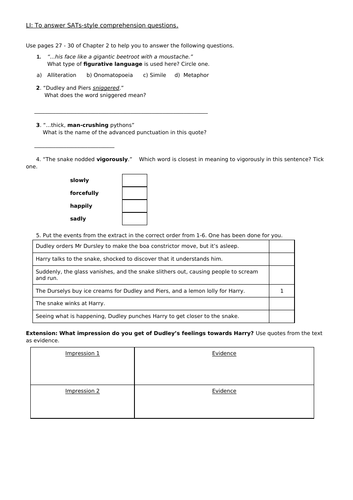 Harry Potter Chapter 2 SATS style comprehension questions | Teaching ...