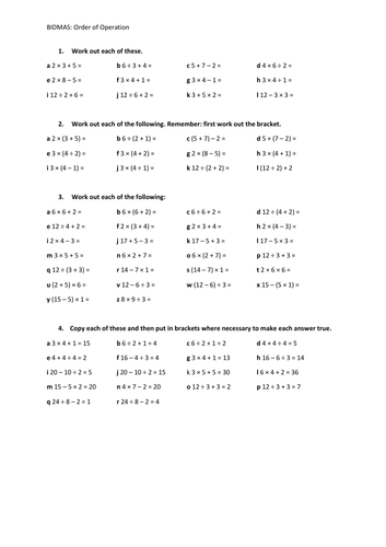 BIDMAS BODMAS Order Of Operations Worksheet With Answers Teaching 