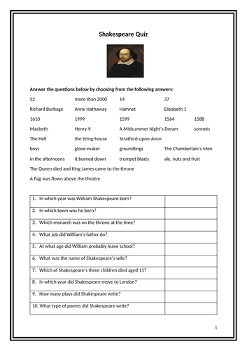 Year 7/8: Shakespeare Quiz | Teaching Resources