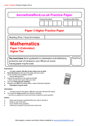 GCSE Maths Higher Practice Exam Papers | Teaching Resources