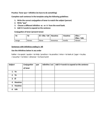 Tener Que Infinitive Worksheet Teaching Resources