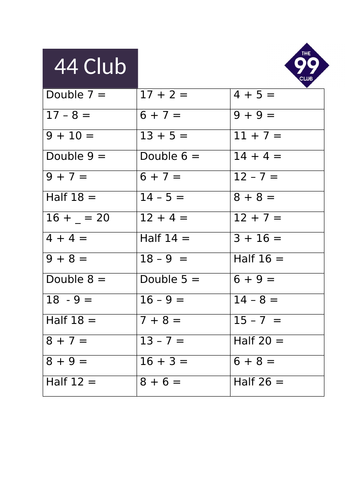 99 club arithmetic / number bonds practice | Teaching Resources