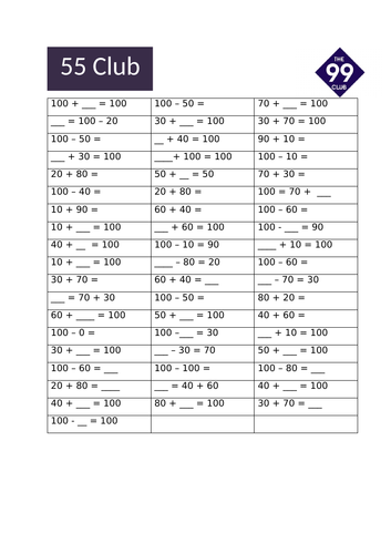 99 club arithmetic / number bonds practice | Teaching Resources