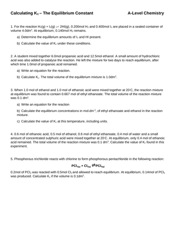 Kc, Equilibria and Kp (A-Level, AQA) | Teaching Resources
