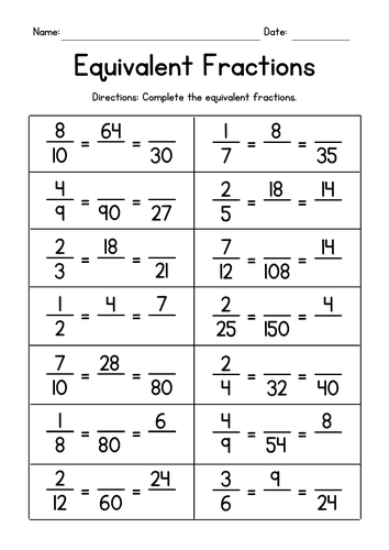 Equivalent Fractions Missing Numbers Worksheet