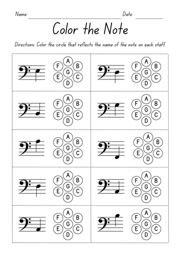Color the Note - Bass Clef Worksheets