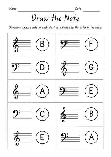 Draw the Note - Bass and Treble Clef Worksheets