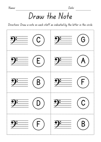 Draw the Note - Bass Clef Worksheets