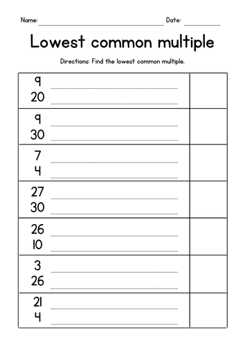 LCM Lowest Common Multiple Worksheets