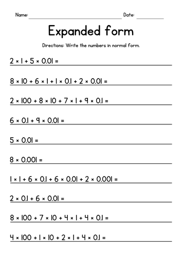 Expanded Form - Decimals Worksheets