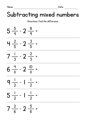 Subtracting Mixed Numbers with Like Denominators Teaching Resources