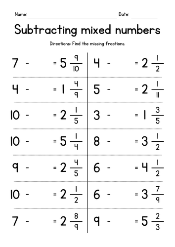 Subtracting Mixed Numbers from Whole Numbers