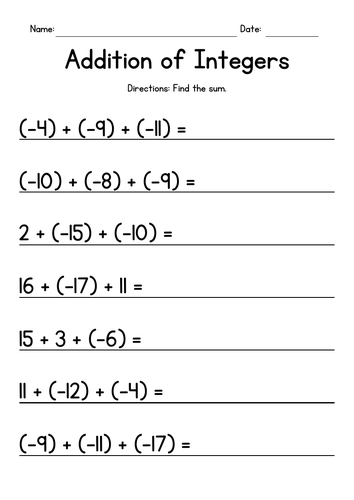 Adding Integers - Addition Worksheets