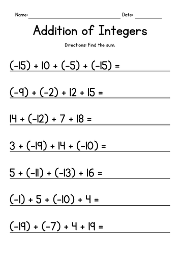 Adding Integers - Addition Worksheets