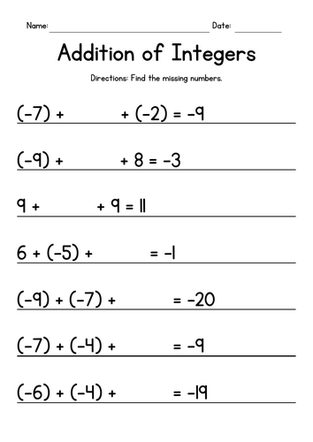 Adding Integers - Missing Numbers Worksheets