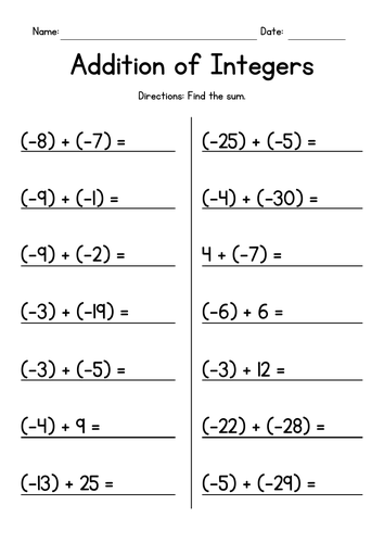 Addition of Integers Worksheets