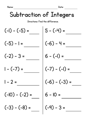 subtracting integers worksheet education.com