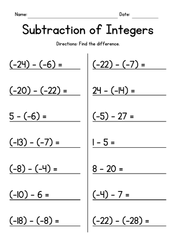 Subtracting Integers - Subtraction Worksheets