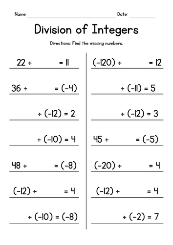 Dividing Integers - Division Worksheets