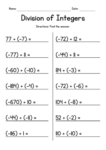 multiplication and division integers worksheet with answers pdf