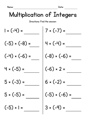 Multiplication of Integers Worksheets