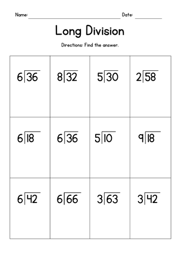 Dividing 2-Digit by 1-Digit Numbers - Long Division Worksheets