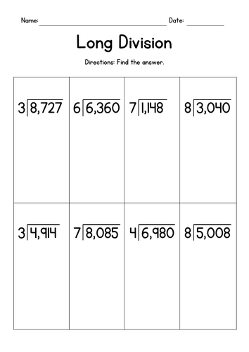 Dividing 4-Digit by 1-Digit Numbers - Long Division Worksheets