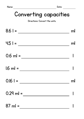 Converting Metric Units of Capacity Worksheets