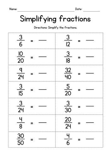 Simplifying Proper Fractions Worksheets
