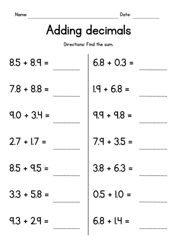 Adding 1-Digit Decimals - Addition Worksheets