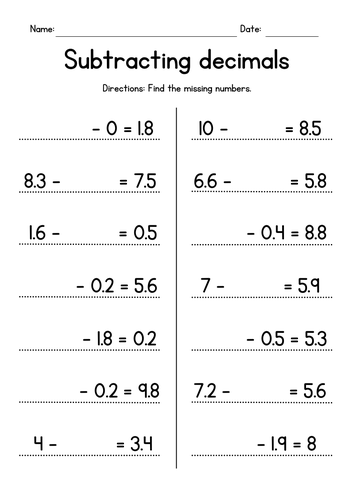 Subtracting Decimals with Missing Numbers