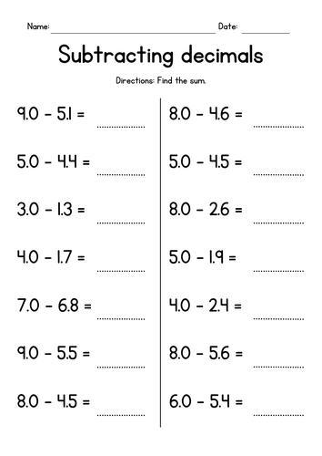 Subtracting 1-Digit Decimals from Whole Numbers