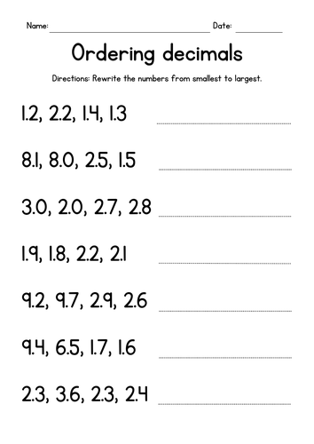 Ordering Decimals - Placing 1-Digit Decimals in Order