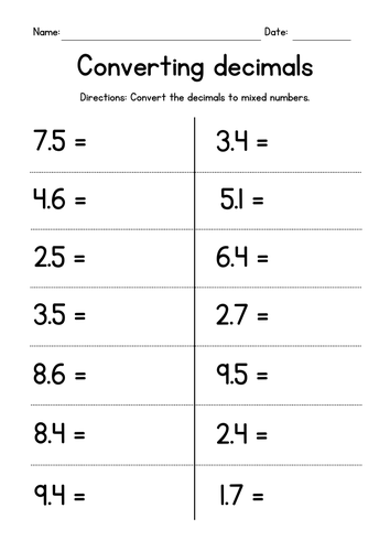 Converting Decimals to Mixed Numbers Worksheets