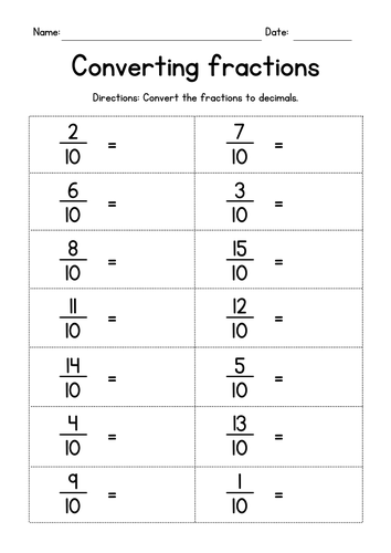 Converting Fractions to Decimals Worksheets